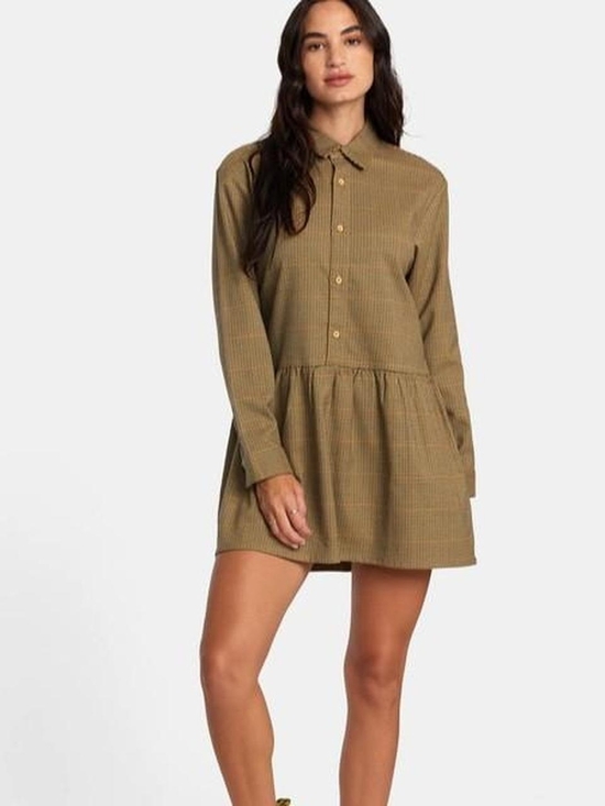 RVCA Dresses & Skirts - RVCA Houndstooth Plaid Button Up Collared Shirt Sress Brown Size S